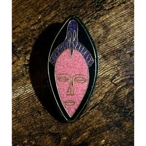 VTG Brooch Enamel African Mask Black with Gold Accents 3.5 inches long EUC